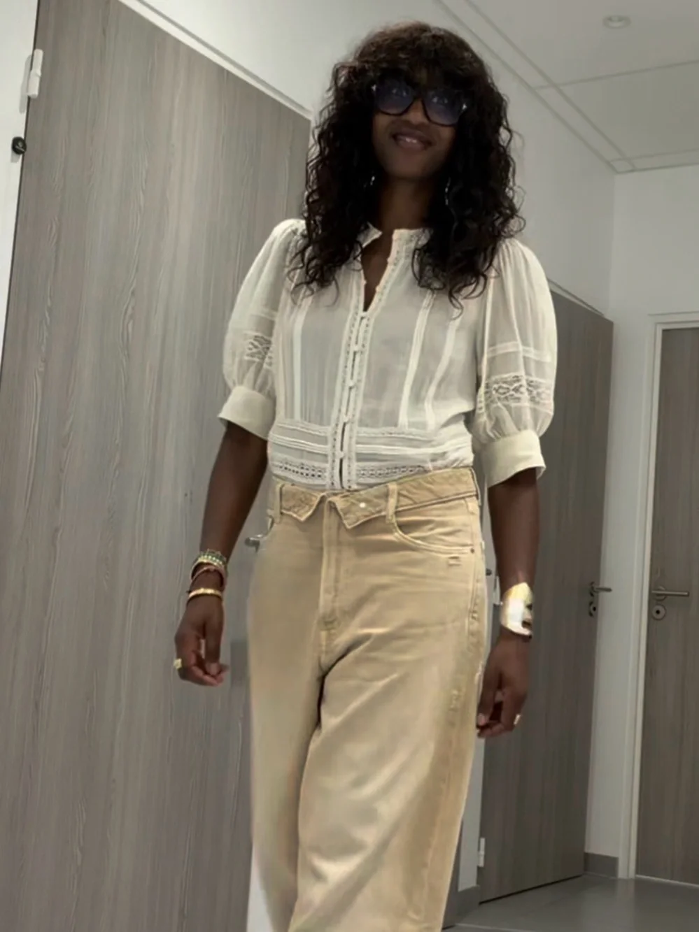 🔥🔥Zara Zw collection Cream Lace-Trim Puff Sleeve Blouse